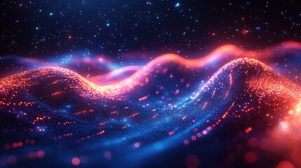 Wall Mural - glowing particles form abstract waves in vibrant red and blue hues