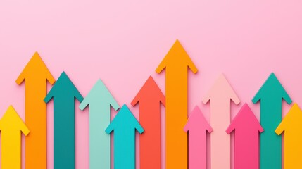 Wall Mural - colorful upward arrows showing growth and progress on pink background perfect for business presentat