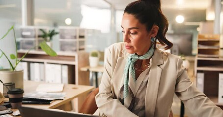 Poster - Serious, employee and woman with documents, office and brand manager with info and marketing strategy. Business, reading and person with laptop for project, research and writing industry trends