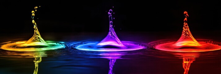 Poster - Floating gasoline droplets suspended in mid-air captured in vibrant neon colors through high-speed photography techniques