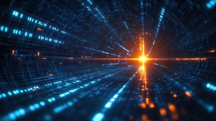 Futuristic Data Streams in Motion with Blue Light Trails and Orange Source