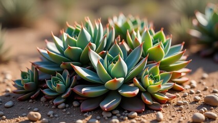 A cluster of succulent plants in a desert setting, rich textures, natural earthy tones