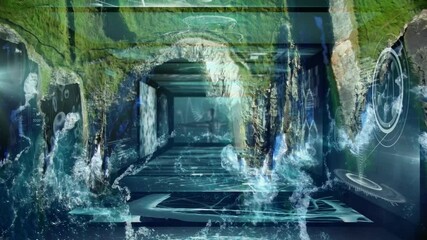 Wall Mural - digital animation of futuristic corridor with water effects and abstract patterns