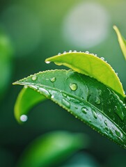 Aufkleber - Macro close-up of fresh green tea leaf with dewdrops highlighting natural beauty on tea plantation