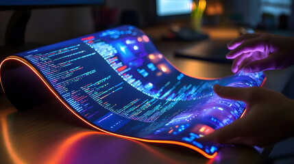 Hands interact with a futuristic, flexible screen displaying lines of code.  Vibrant neon lights illuminate the device, highlighting the innovative technology.
