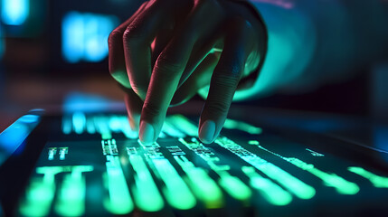 Close-up of fingers typing code on a tablet at night. Glowing teal screen displays lines of programming code.  Cybersecurity, technology concept.