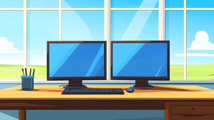 A clean, modern workspace featuring dual monitors, a keyboard, mouse, and pen holder sits before a large window with a bright, sunny view.