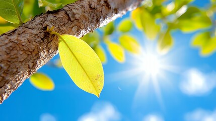 captivating sunlight and leaf a close up view of a tree branch with a vibrant green leaf bathed in t