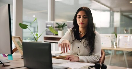 Poster - Computer, notebook and reading with woman in office for accounting or bookkeeping schedule. Finance, information and research with accountant at desk in workplace for audit or tax compliance