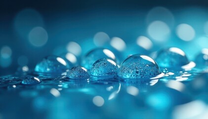 Blue bubble cluster in a shallow pool of water with intricate details and bokeh effect, bubble cluster, blue bubbles