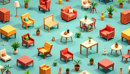 Wall Mural - Repetitive motif of stylized furniture and home accessories creates seamless interior design pattern , apartment, pillow