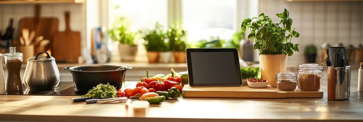 Poster - Cozy kitchen with digital tablet displaying cooking tutorial and fresh ingredients ready for meal preparation in a warm atmosphere