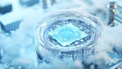 Poster - Futuristic Computer Chip Surrounded by Mist in High-Tech Setting