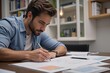 © JustFun - Young Caucasian Male in a Denim Jacket Focusing on Important Work Documents at a Modern Workspace with Papers and Stationery