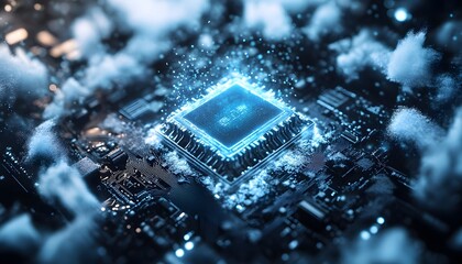Poster - Futuristic Microchip with Glowing Blue Elements and Digital Effects