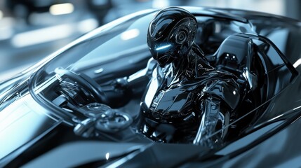 Aufkleber - Highly detailed 3D-rendered robot driving a futuristic car with complex reflections on the windshield in a modern urban environment
