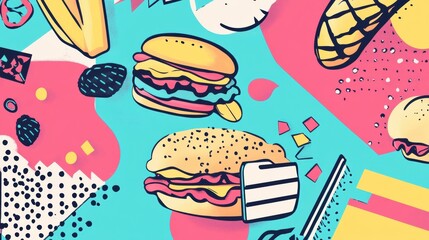 Fototapete - Memphis style pop-art design with colorful abstract food shapes and bold geometric elements in a vibrant setting