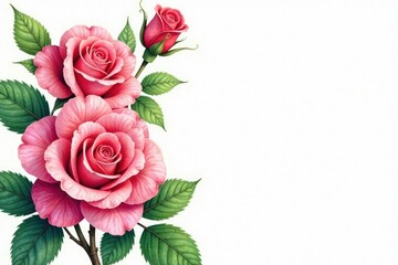 Wall Mural - Intricate watercolor rose blossoms, lush green leaves , floral design, nature
