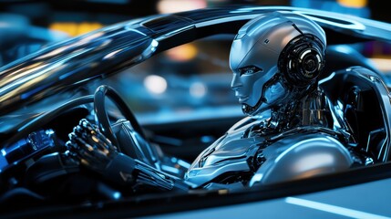 Aufkleber - Highly detailed 3D-rendered robot driving a futuristic car with complex reflections on the windshield in a neon-lit urban environment at night