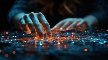 Hands interacting with digital network