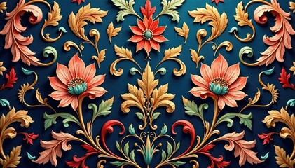 Wall Mural - Intricate woven floral damask, elegant swirls and leaves , classic, wallpaper design, interior design
