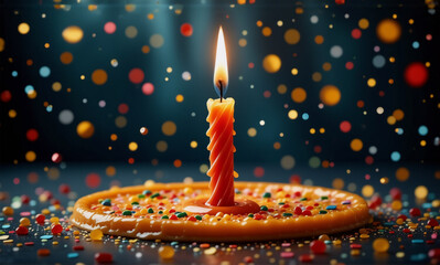 Wall Mural - a spiral candle with a bright flame sits on a sprinkle-covered base against a dark backdrop with bok