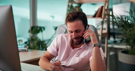 Leinwandbilder - Computer, phone call and writing with man coding software in office for launch or testing. Design, programming and wed development with coder at desk in workplace as infrastructure programmer