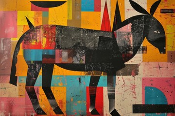 Wall Mural - a stylized abstract depiction of a donkey in a colorful geometric landscape, a stylized abstract rep