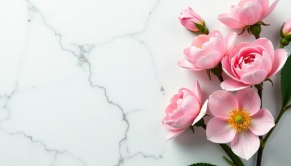 Wall Mural - White marble surface with delicate floral arrangement, minimalist aesthetic, photography, decor, image