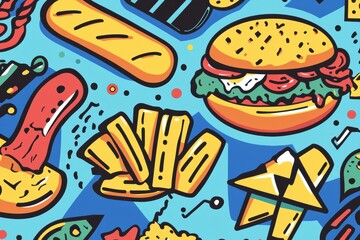 Fototapete - Creative Memphis-style pop-art design featuring abstract food shapes and vibrant geometric elements