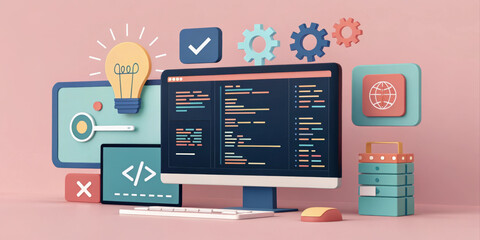 digital 3D illustration featuring computer setup with coding elements, gears, and icons representing technology and innovation. scene conveys creativity Coding Programmer developer development