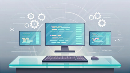digital illustration of futuristic coding workspace featuring multiple screens displaying code, gears, and abstract data elements. design evokes sense Coding Programmer developer development