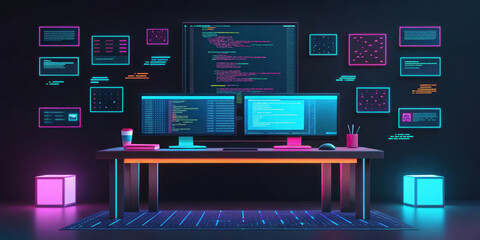 modern high tech programming workspace featuring dual monitors displaying colorful code, surrounded by digital data visualizations and neon lighting. Coding Programmer developer development