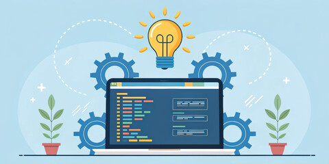 Wall Mural - creative coding scene featuring laptop displaying programming code, surrounded by gears and lightbul