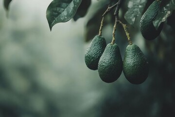 Aufkleber - Ripened avocados hanging from a lush tree branch in a serene orchard setting, showcasing vibrant green skin and a soft blur of background foliage