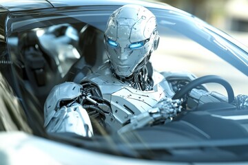 Aufkleber - Highly detailed 3D-rendered robot driving a futuristic car with hyper-realistic designs and complex reflections during bright daylight