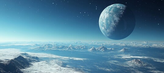 Wall Mural - giant moon view from ice planet. generative ai technology.