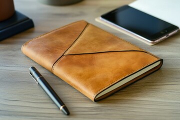Poster - Minimalist desk setup with a stylish notebook, smartphone, and elegant pen illuminated by soft lighting for a calm work environment