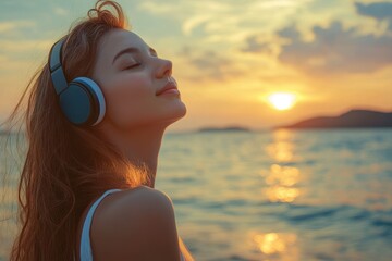 Wall Mural - Young woman with headphones enjoys the music by ocean at sunset. It illustrates leisure, vacations, mindfulness, or healthy lifestyle.
