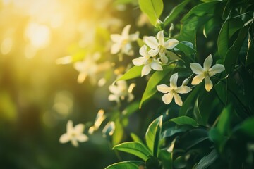 Fototapete - Lush green vanilla plantation with blooming white orchids in warm sunlight casting shadows