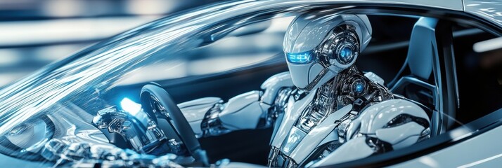 Aufkleber - Highly detailed 3D-rendered robot skillfully driving a futuristic car through a bright urban environment with complex mechanical reflections