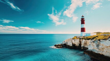 Fototapete - Picturesque coastal lighthouse standing tall against bright blue sky and turquoise sea evokes summer holiday vibes in a serene maritime setting