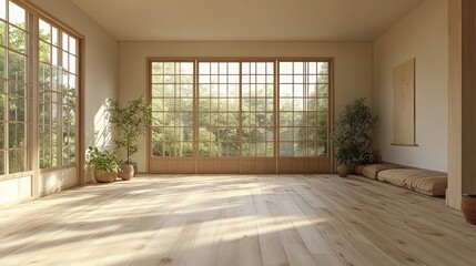 Aufkleber - Sunlit minimalist room with wooden floors, large windows, plants, and traditional Japanese sliding doors.