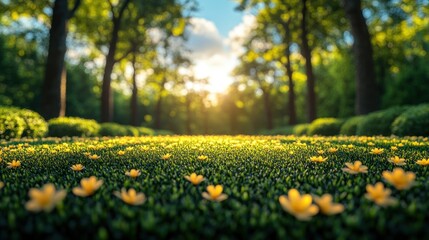 Poster - Sunlit path through lush green forest with yellow wildflowers in foreground.