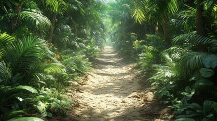 Poster - Sunlit path through lush tropical jungle with dense vegetation and sandy trail.