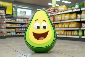 Poster - Playful cartoon avocado greets shoppers in a lively grocery store filled with colorful produce and cheerful design elements