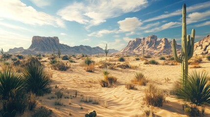 Poster - Sunny desert landscape with cacti, sand dunes, and mountains under a blue sky.