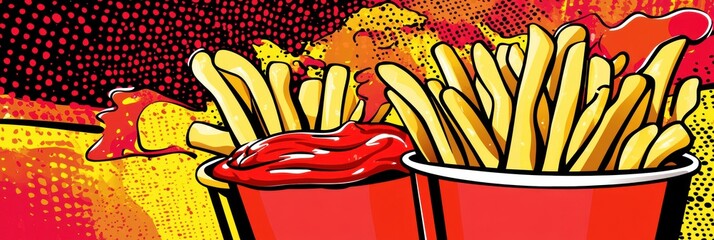 Poster - Pop art illustration featuring vibrant french fries and flavorful dipping sauces in an energetic composition showcasing bold colors