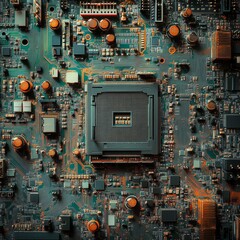 Leinwandbilder - Detailed Macro View of a Modern Computer Motherboard with Intricate Circuitry and Central Processing Unit Socket