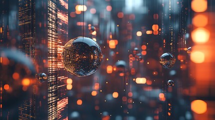 Abstract Cyberpunk Cityscape with Digital Rain Reflective Spheres for technology data network modern concept.
